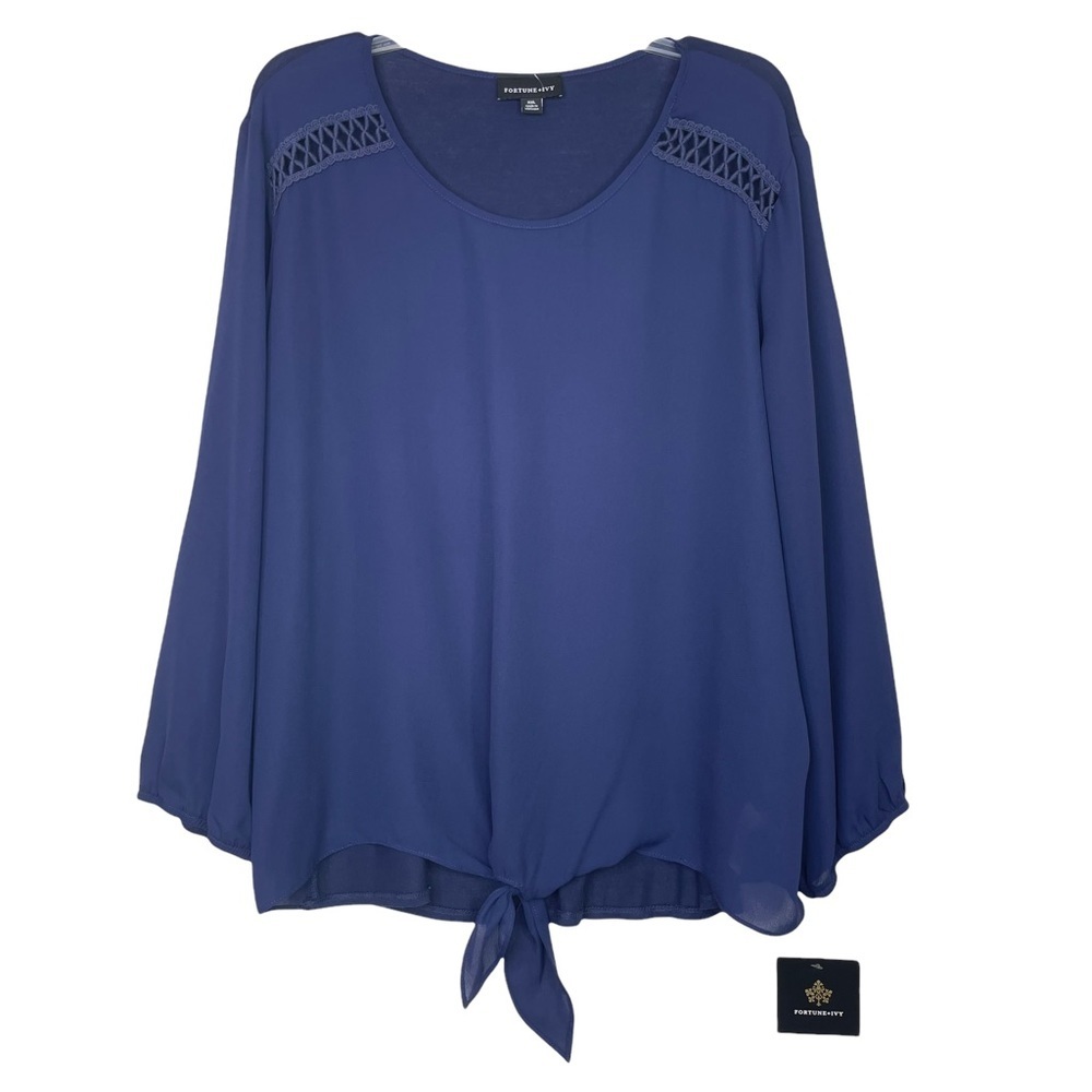 Stitch Fix l Fortune + Ivy Navy Crochet Detail Mixed Material Top, XXL